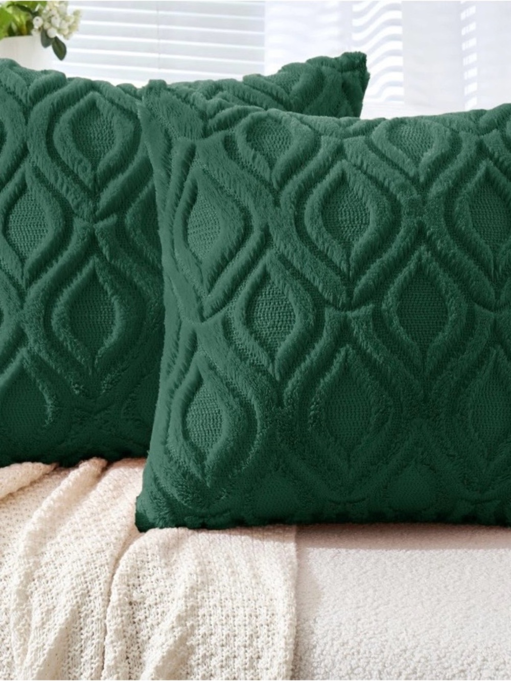 New set of 2 Dark Green Throw Pillow Covers 20x20 Inch, Soft Winter Plush
